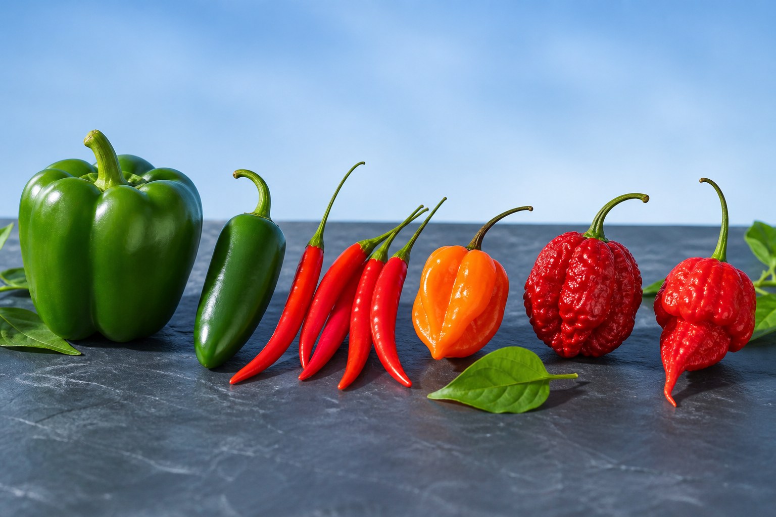 Яскрава шкала свіжих перців від зеленого солодкого до Trinidad Moruga Scorpion і Carolina Reaper