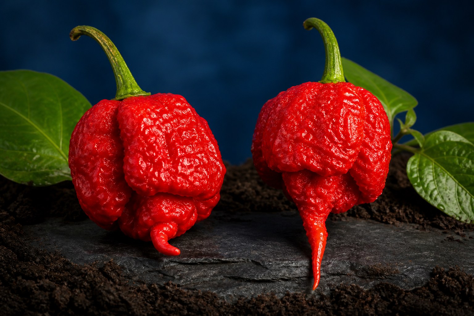 Два стиглі зморшкуваті червоні супергострі перці Trinidad Moruga Scorpion і Carolina Reaper